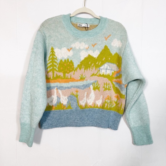 Zara Jacquard Knit Intarsia Countryside Goose Geese Sweater Blogger Favorite - Picture 2 of 15